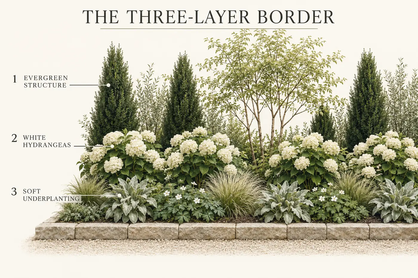 White hydrangea border diagram showing evergreen structure, white hydrangeas and soft underplanting as three clear layers
