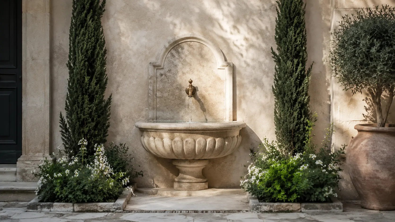Classical limestone wall fountain in a narrow courtyard
