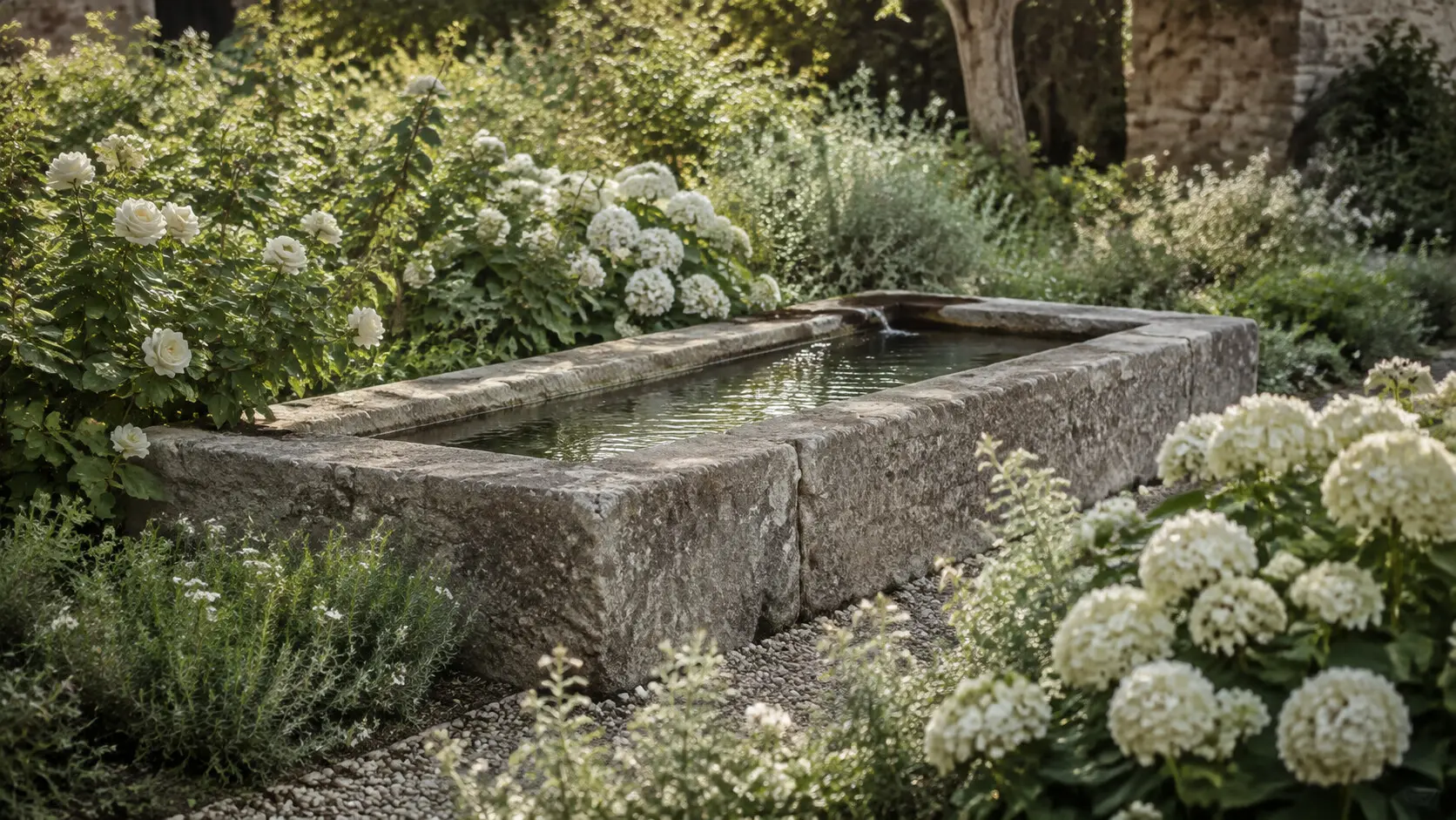 Weathered stone water trough framed by white flowers