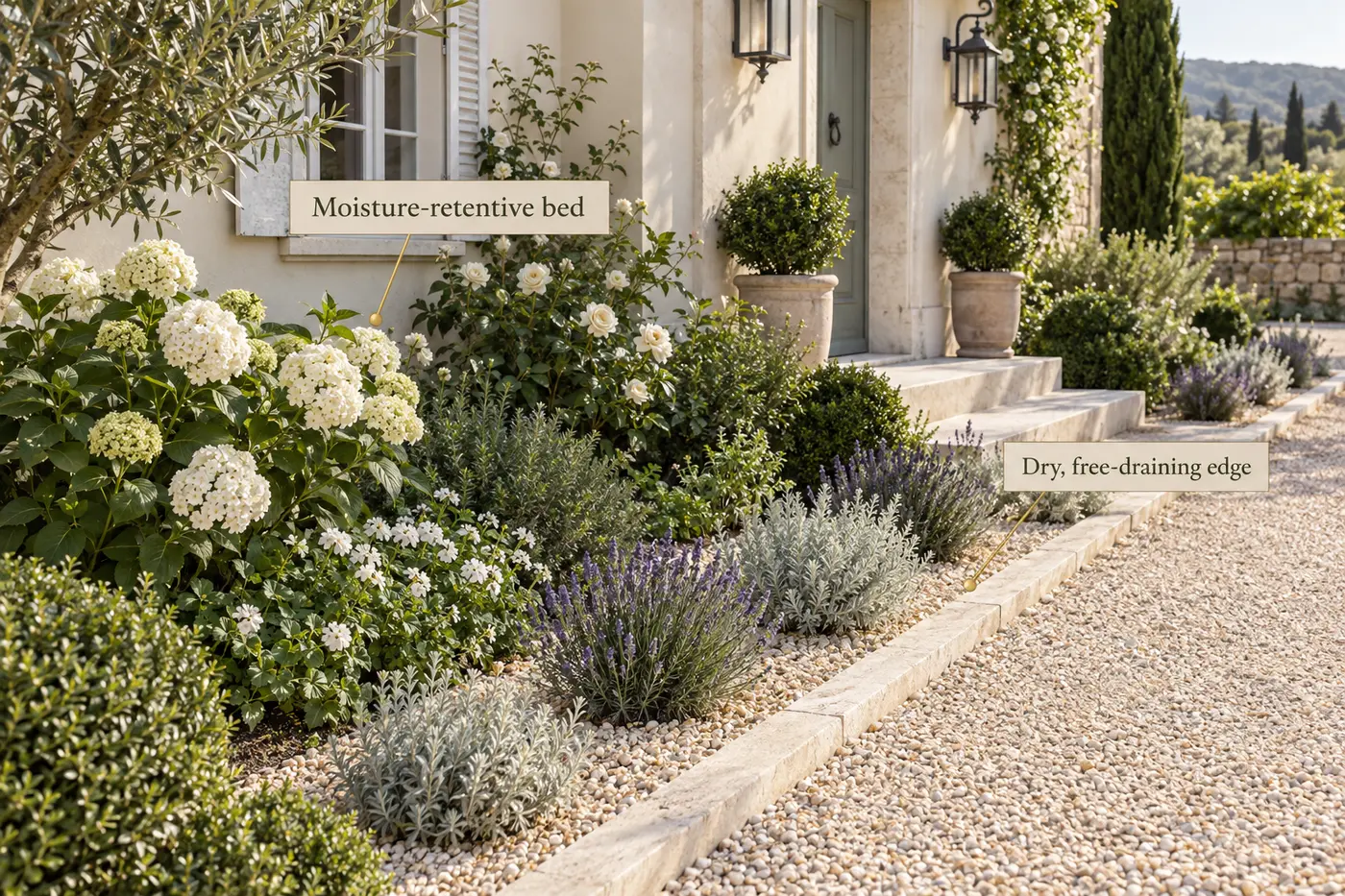 Mediterranean entrance showing white flowers in a moisture-retentive bed beside a dry lavender and gravel edge