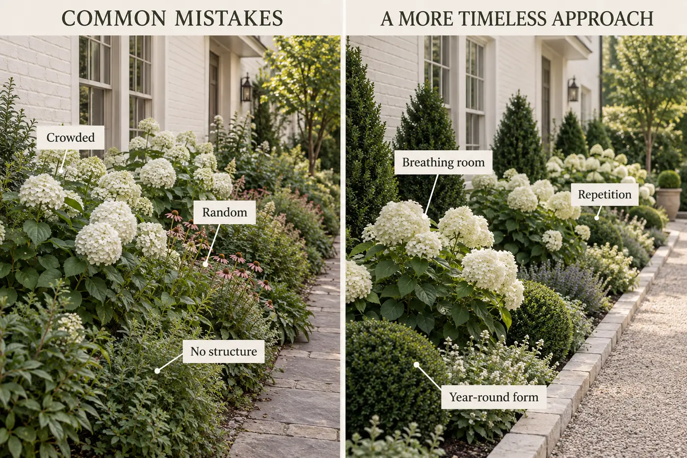 Comparison between a crowded random hydrangea border and a timeless border with breathing room, repetition and evergreen structure