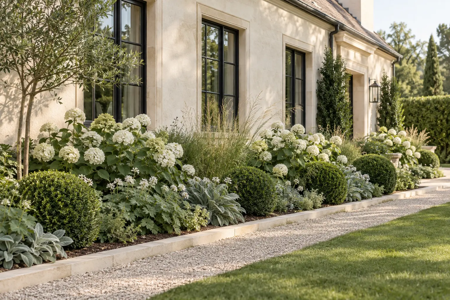 Layered white hydrangea border with clipped evergreens, soft perennials and limestone edging beside a cream European-inspired home