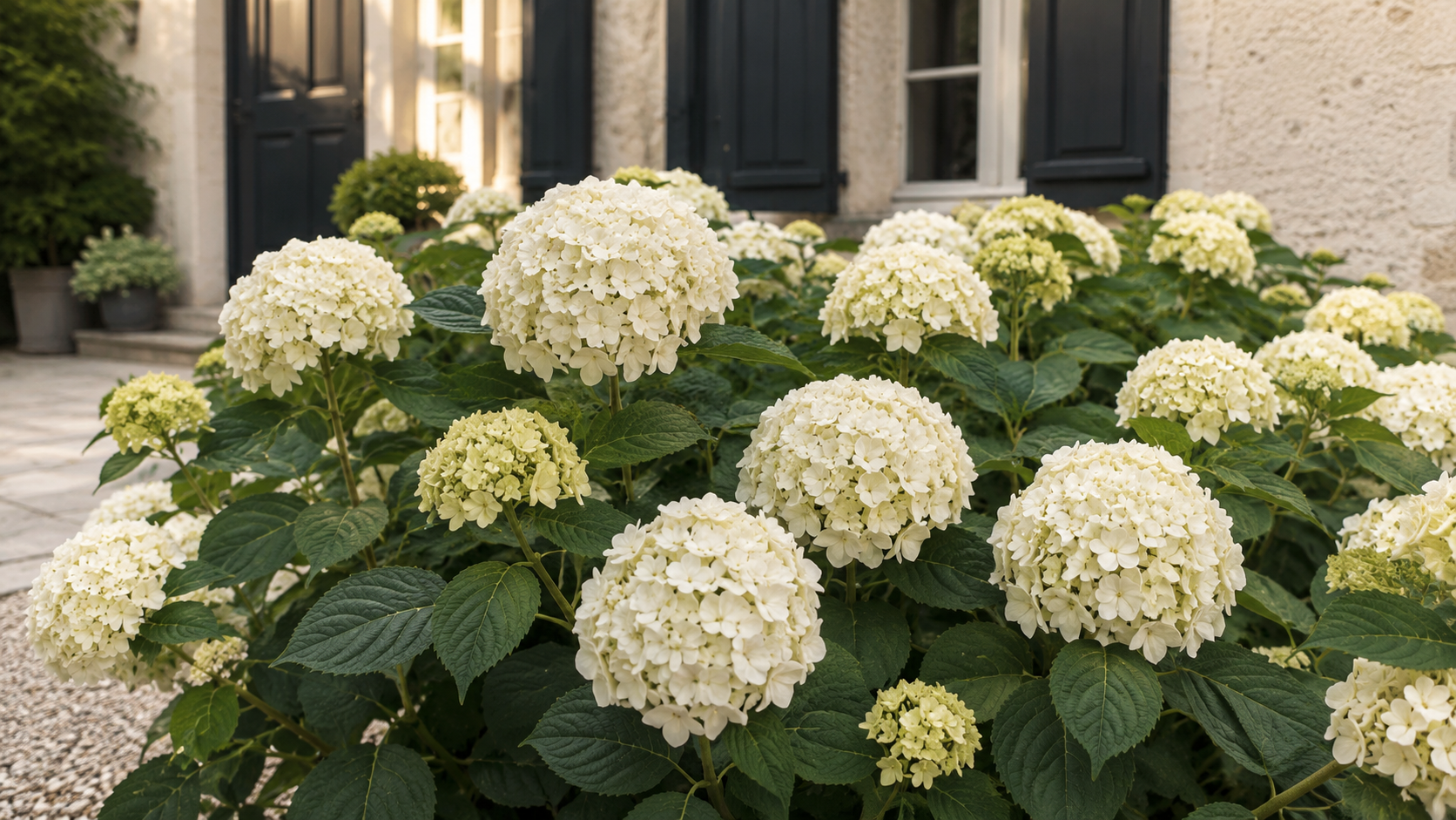 Natural white hydrangea blooms with cream and green tones
