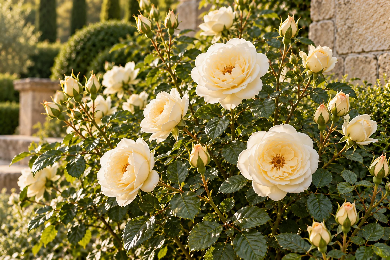 Creamy white shrub roses and buds among healthy green foliage beside weathered limestone in warm garden light