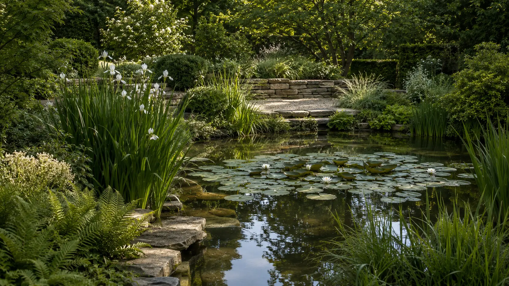 Naturalistic wildlife pond with water lilies, iris and ferns