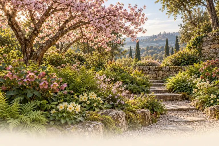 Soft pink blossom above a woodland garden of pale flowers, ferns and warm stone