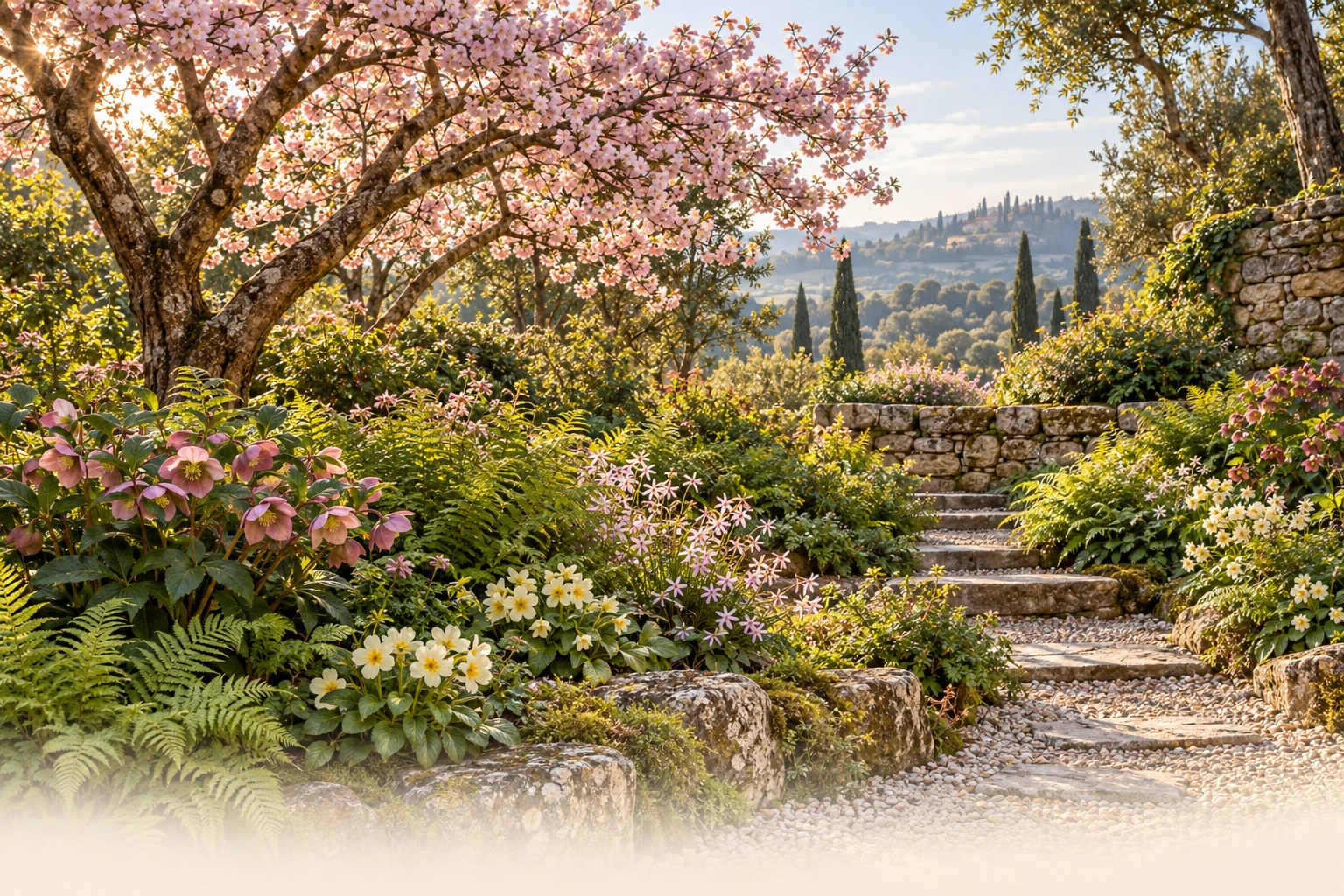 Soft pink blossom above a woodland garden of pale flowers, ferns and warm stone