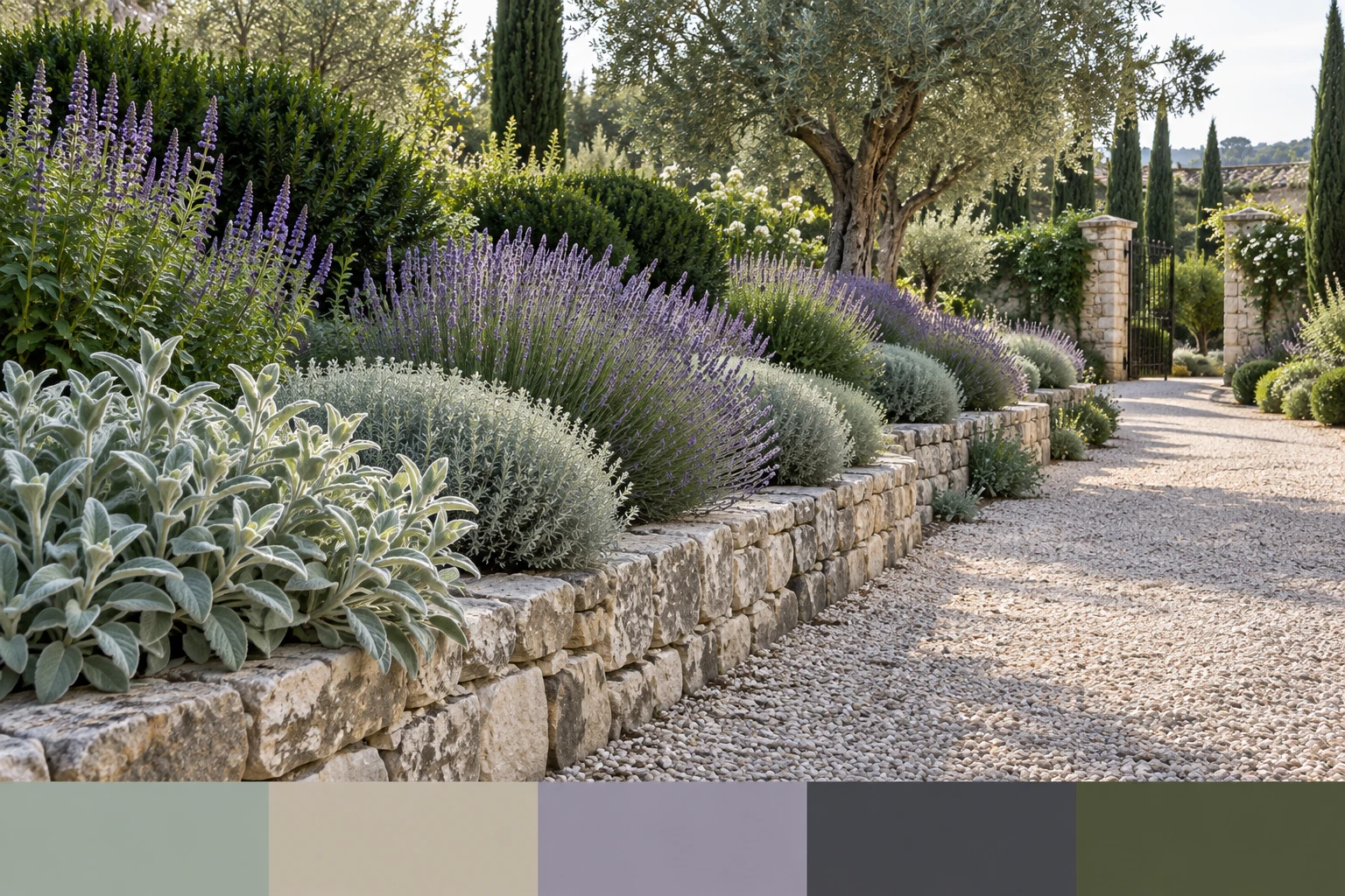 Lavender flowers and soft silver foliage with a muted violet, greige and olive palette