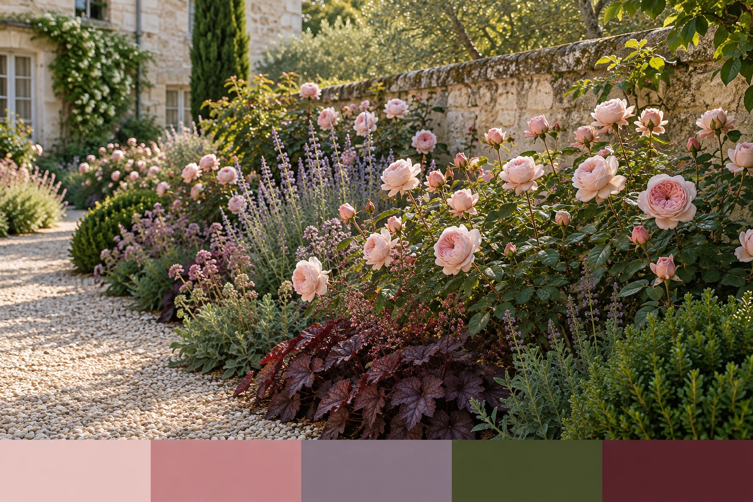 Blush roses, muted violet flowers and deeper foliage in the Antique Rose palette