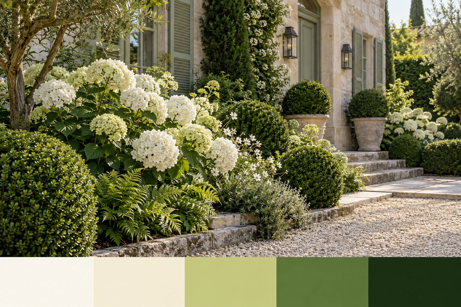 White hydrangeas and rounded boxwood with layered green foliage