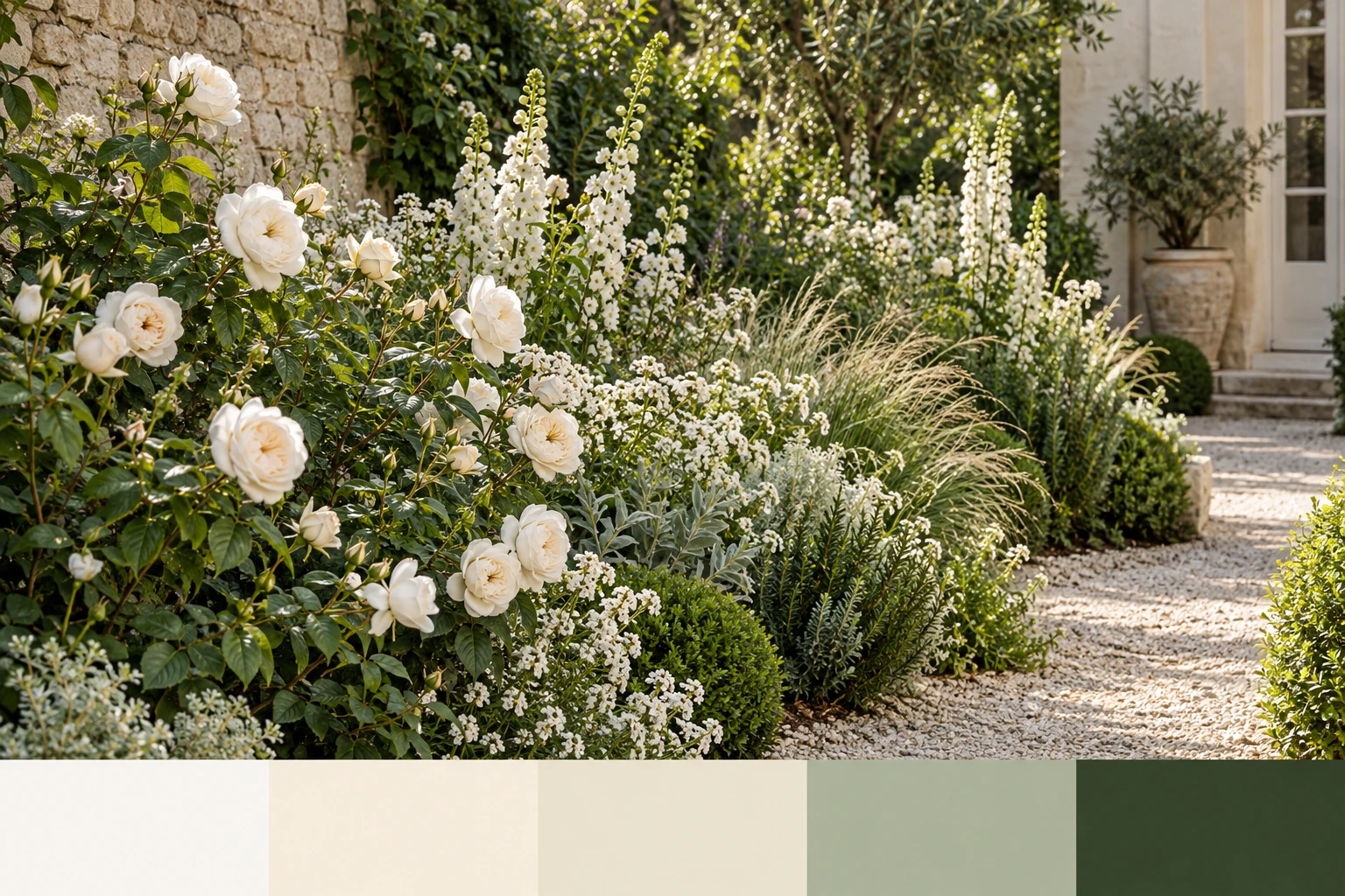 White and cream flowers against a soft green garden backdrop