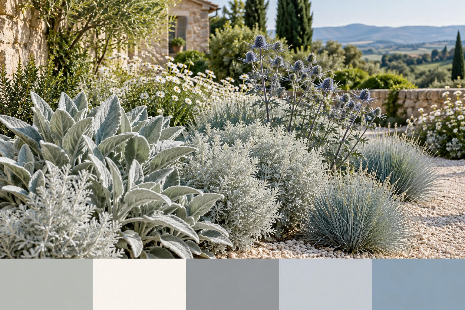 Silver foliage of contrasting shapes beside pale gravel and stone