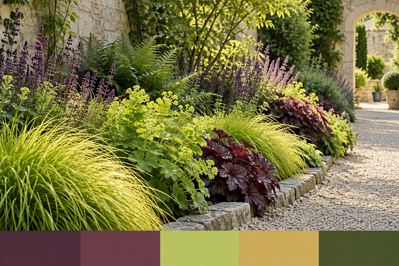 Fresh chartreuse foliage contrasted with plum and burgundy accents