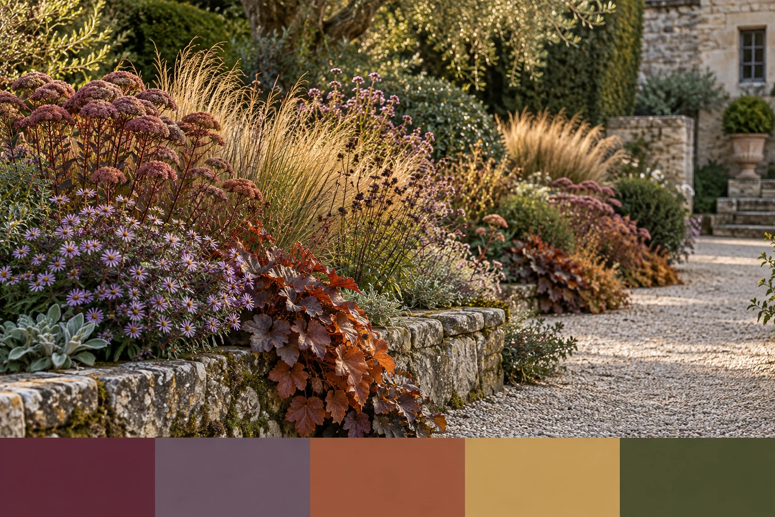Muted rose and smoky plum flowers with copper foliage, grasses and autumn seedheads