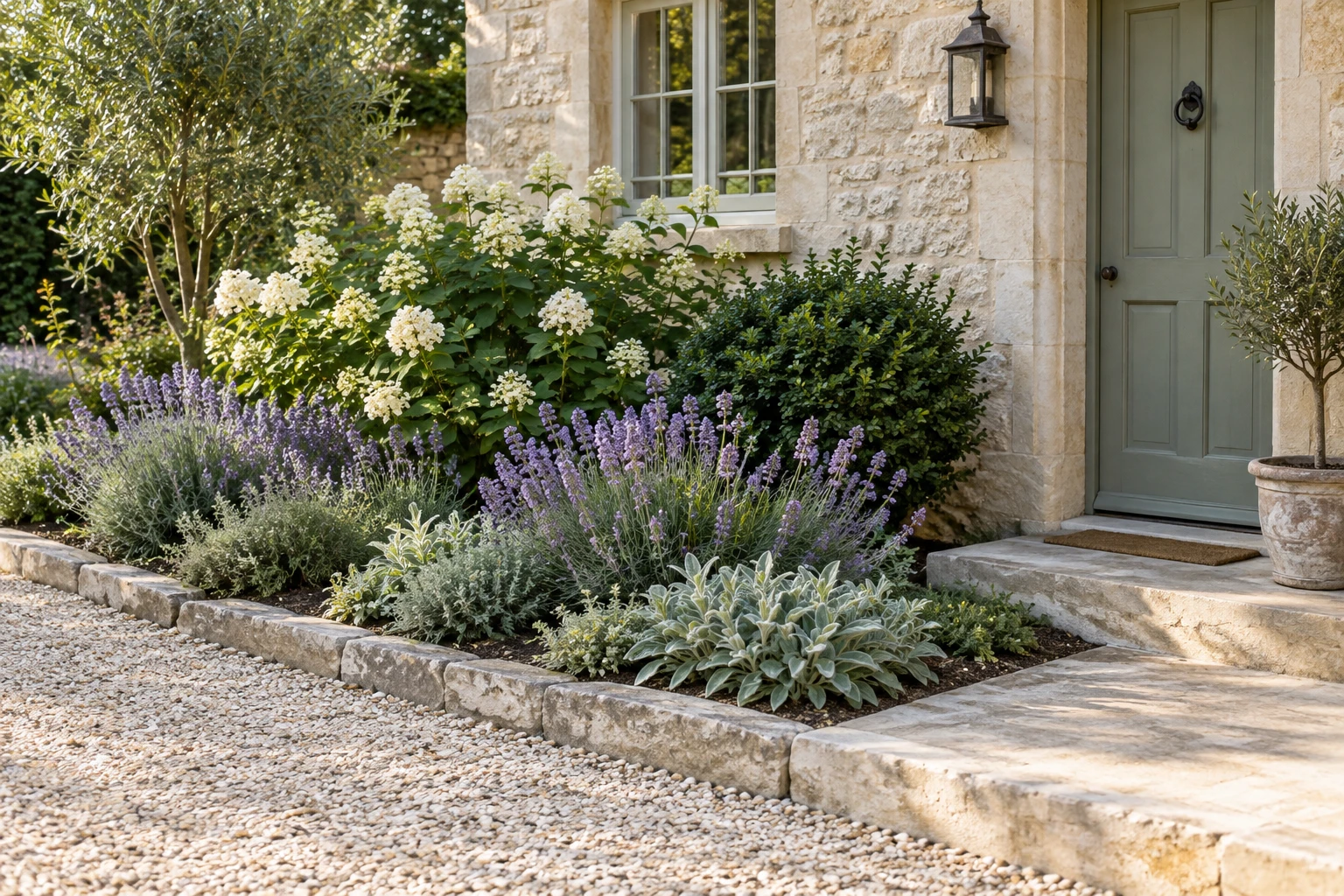 A small European garden border with a restrained repeating planting palette