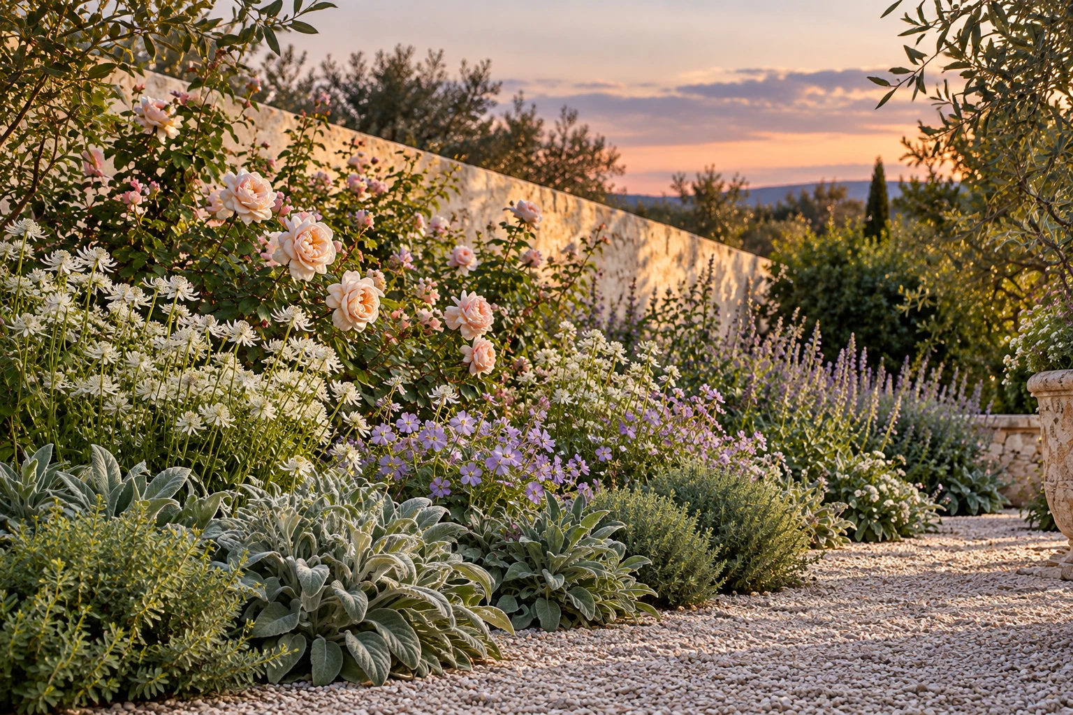 Pearl-white, blush and lilac flowers with soft sage foliage beside a stone path at dusk