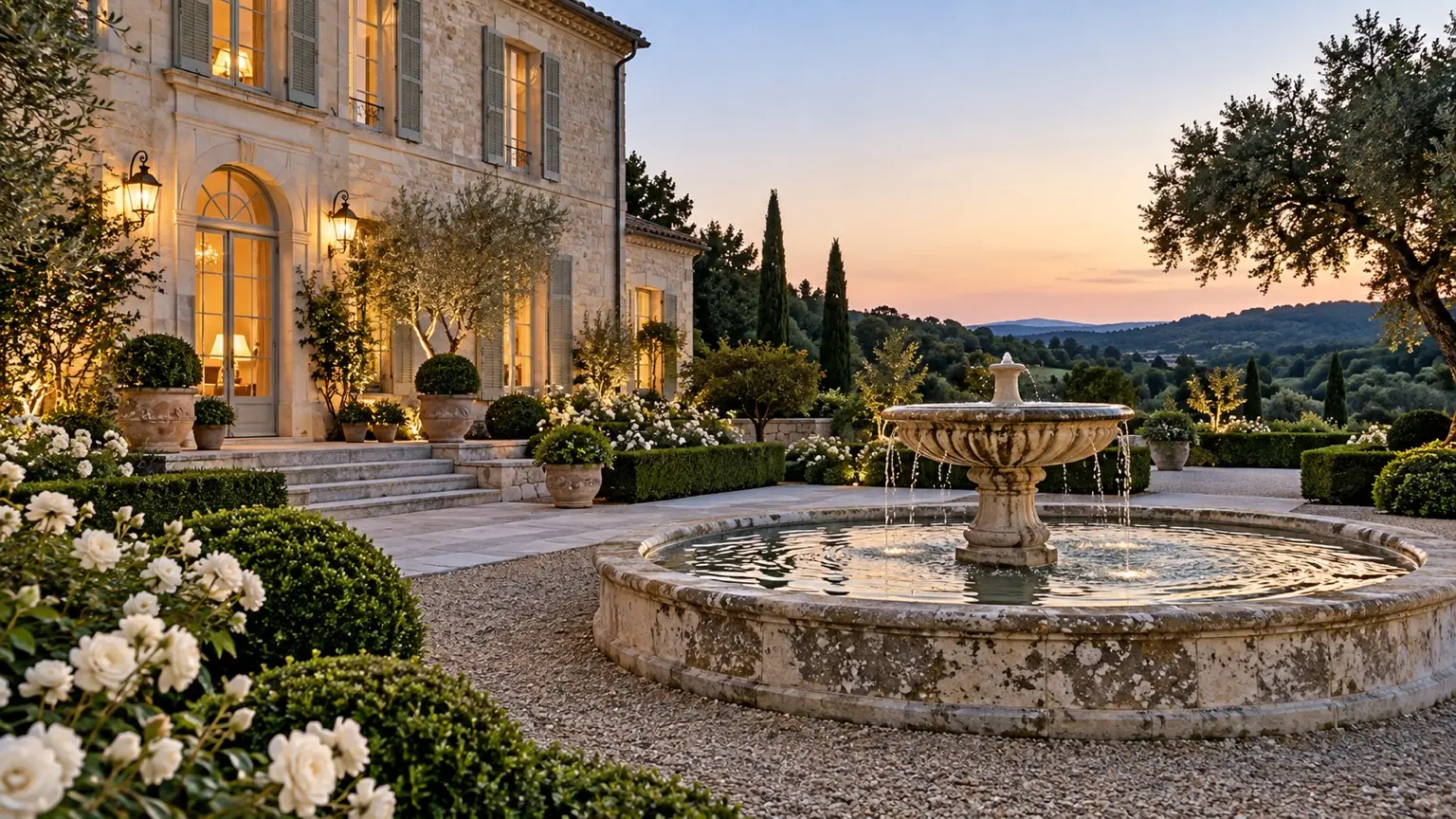 Weathered limestone fountain with a circular basin, white roses and clipped boxwood beside an illuminated European limestone house at dusk.