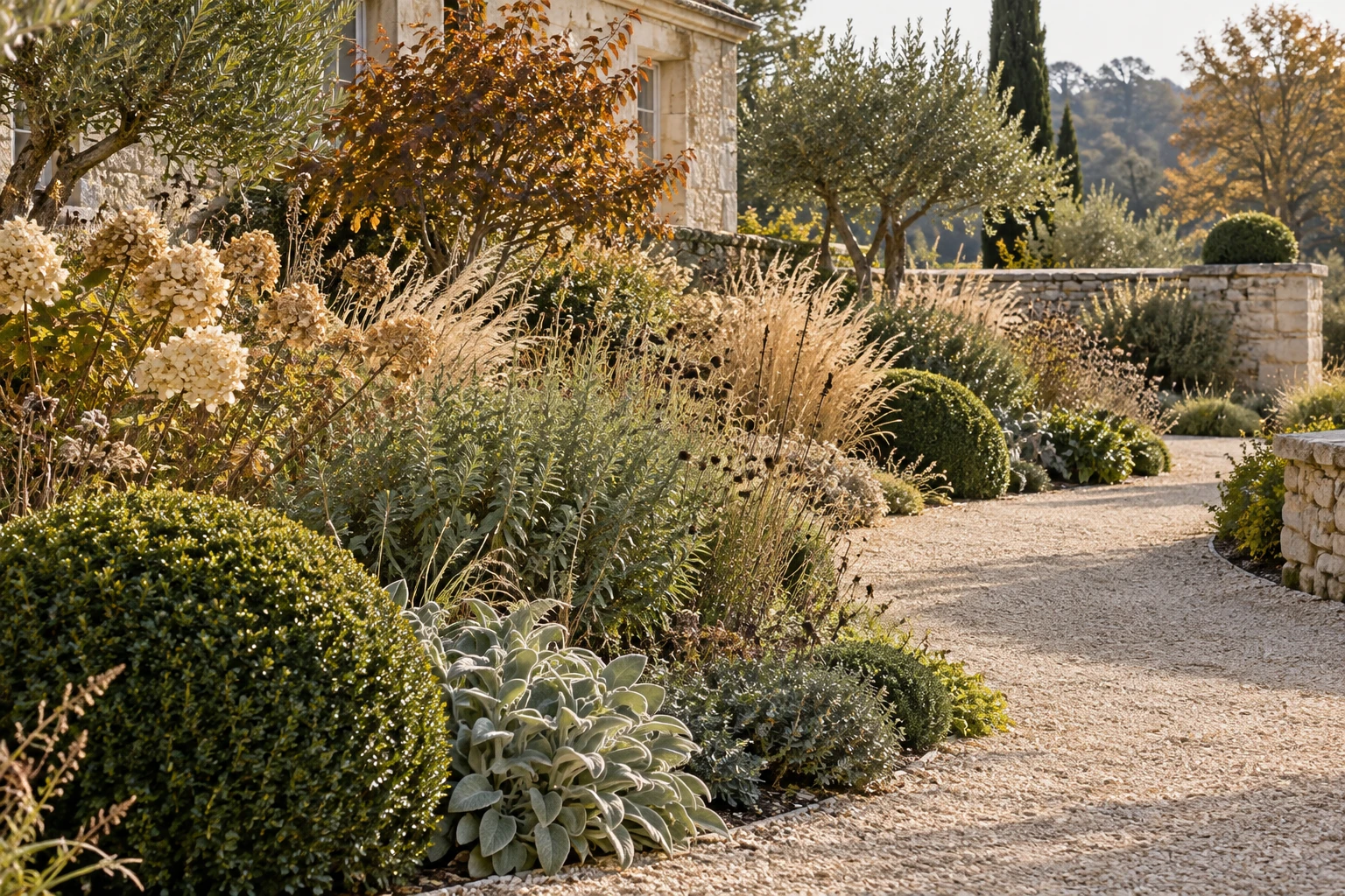 Evergreen shrubs, silver foliage, tawny grasses and perennial seedheads beside a limestone garden path in autumn