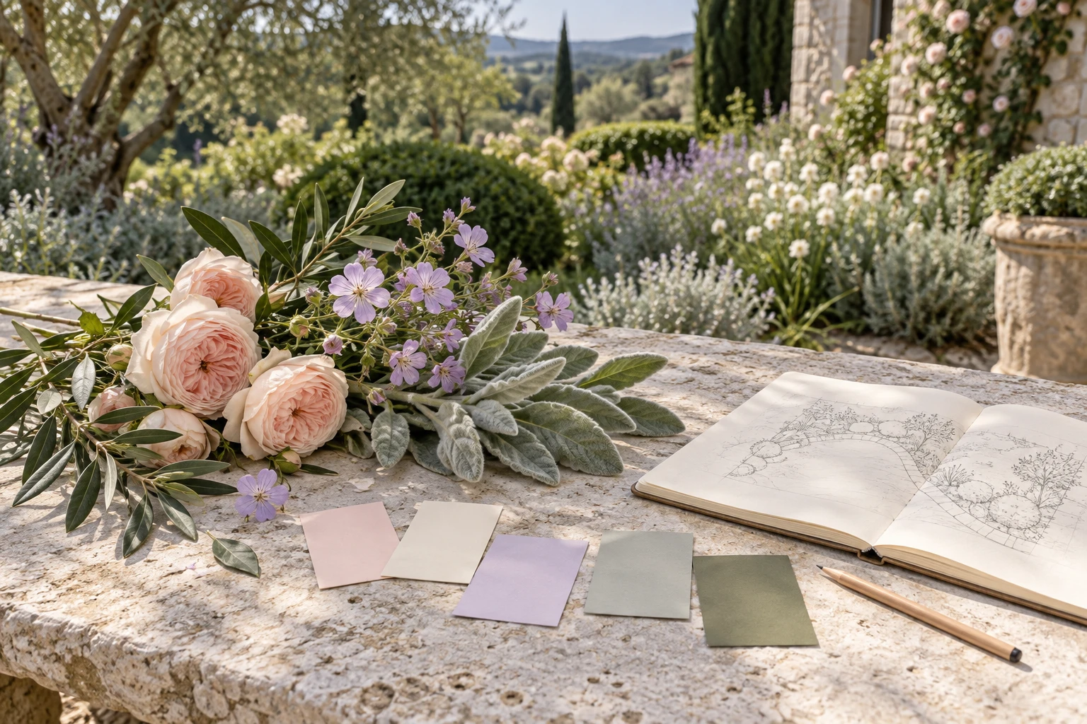 Blush roses, lilac geranium flowers, silver lamb’s ear and olive foliage beside colour swatches and a garden notebook on a limestone table