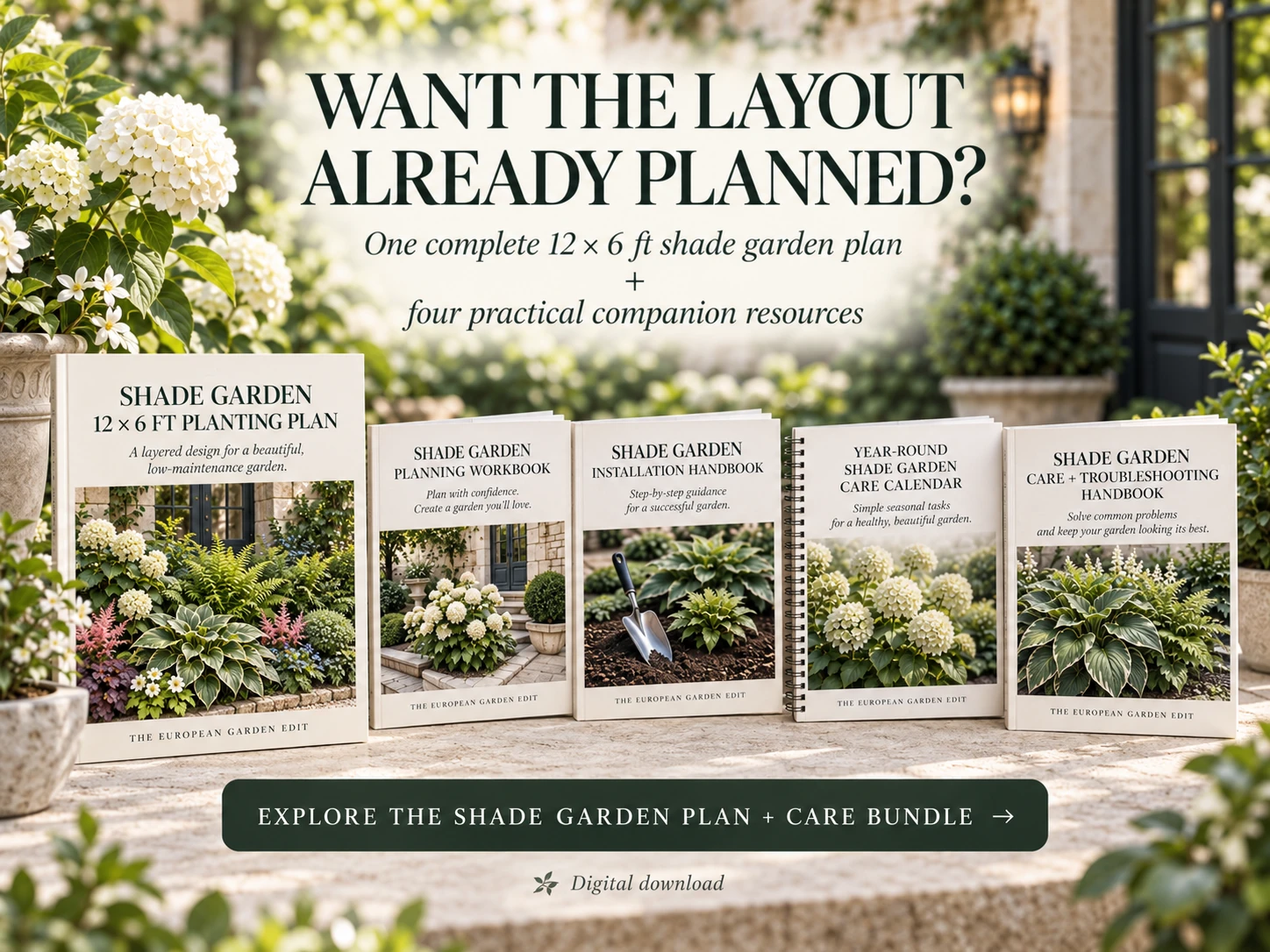 Shade Garden Plan and Care Bundle showing the planting plan and four companion digital gardening resources.