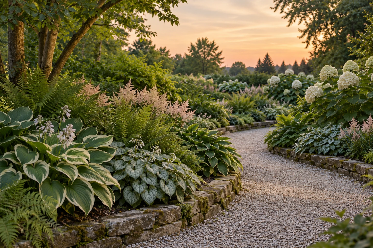 Shade garden at dusk with hostas, ferns, pink astilbe and white hydrangeas beside a curving gravel path.