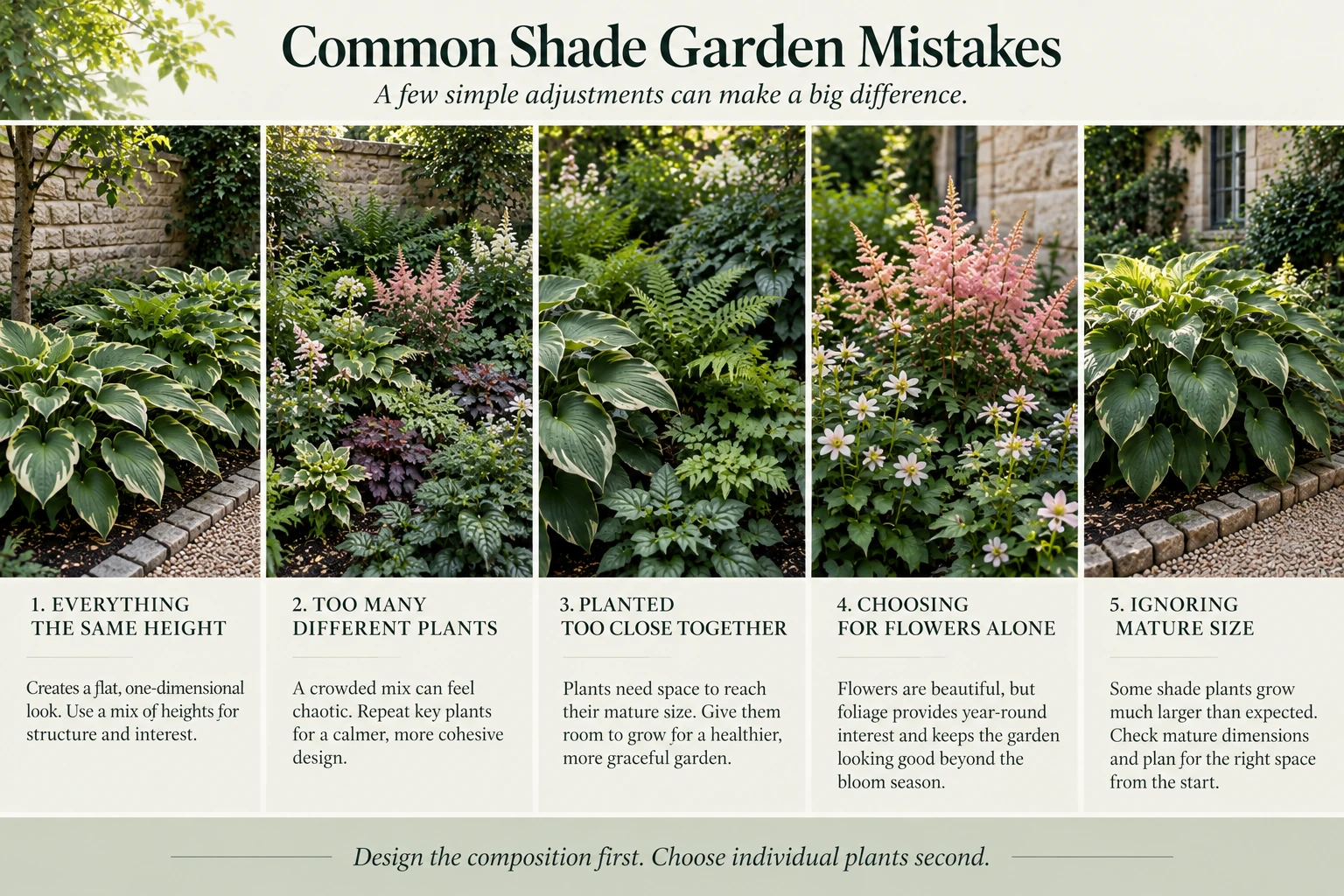 Comparison illustrating common shade garden mistakes and a more cohesive layered planting.