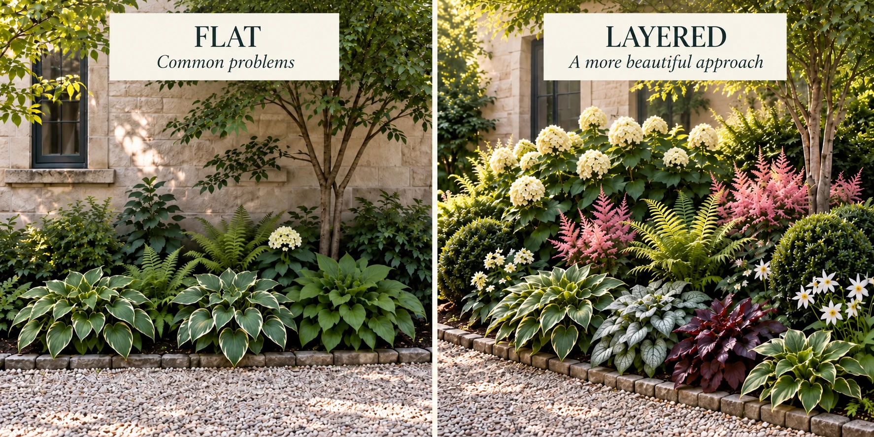 Side-by-side shade borders labelled Flat and Layered, contrasting similar-height plants with hydrangeas, ferns and perennials at different heights.