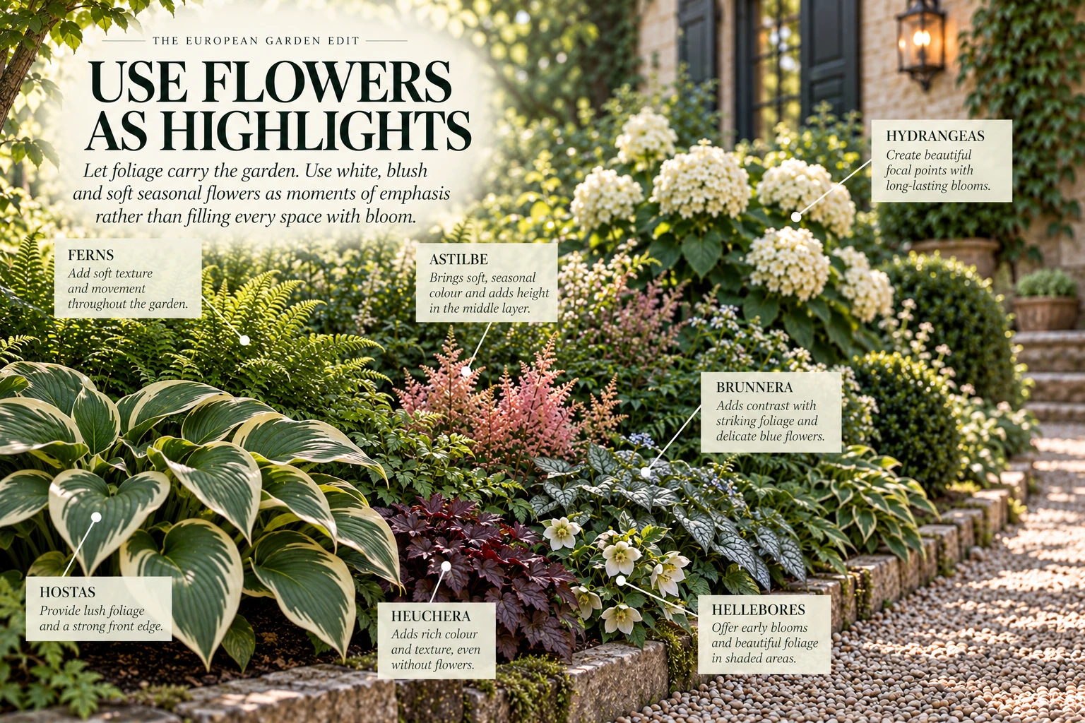 White hydrangeas and soft pink astilbe used as flower highlights among green foliage.