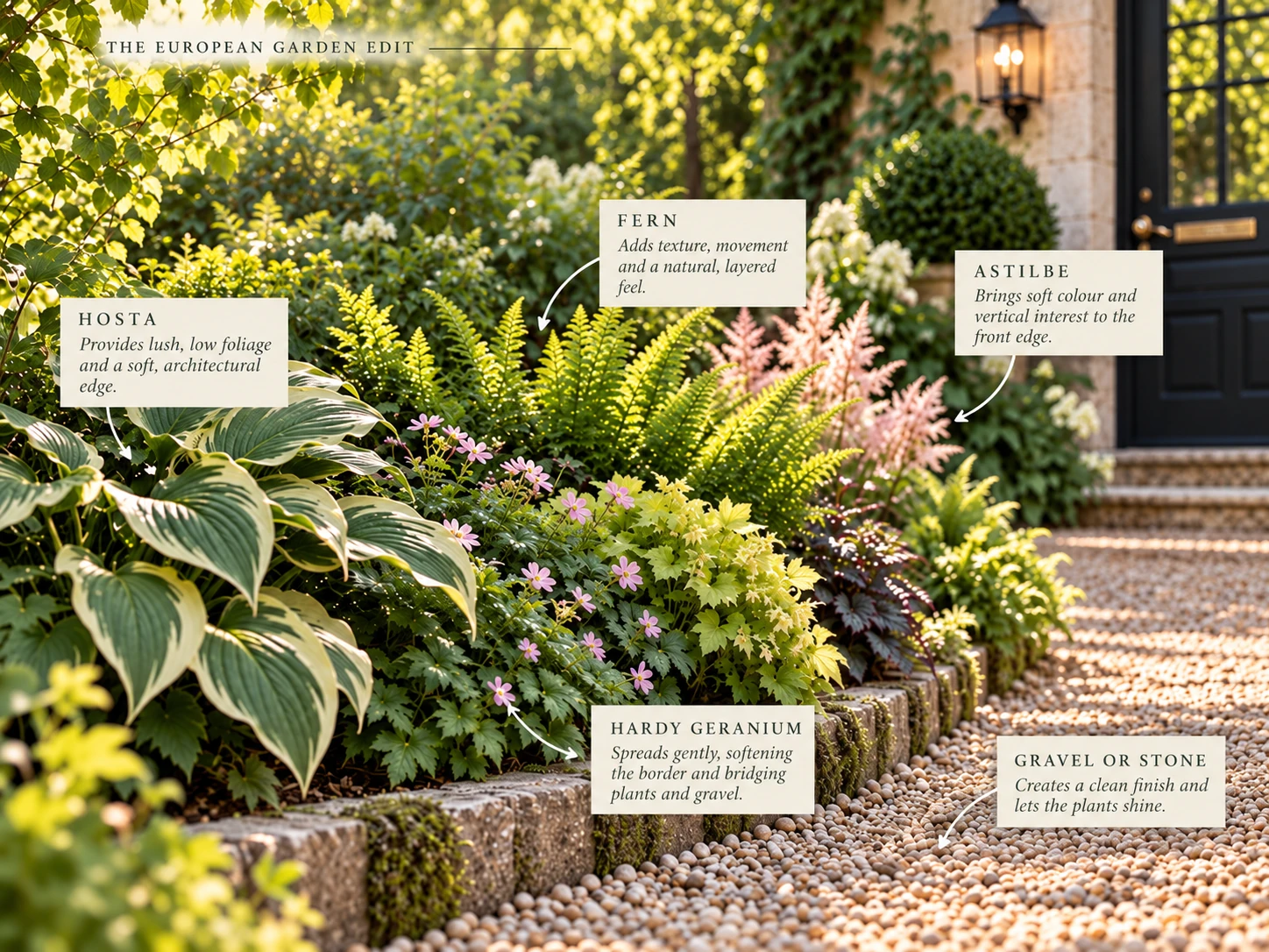 Shade border beside a gravel path with labels identifying hosta, fern, astilbe, hardy geranium and stone edging.