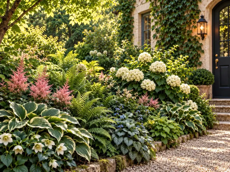 Layered shade garden with white hydrangeas, pink astilbe, hostas and ferns beside a limestone cottage and gravel path.
