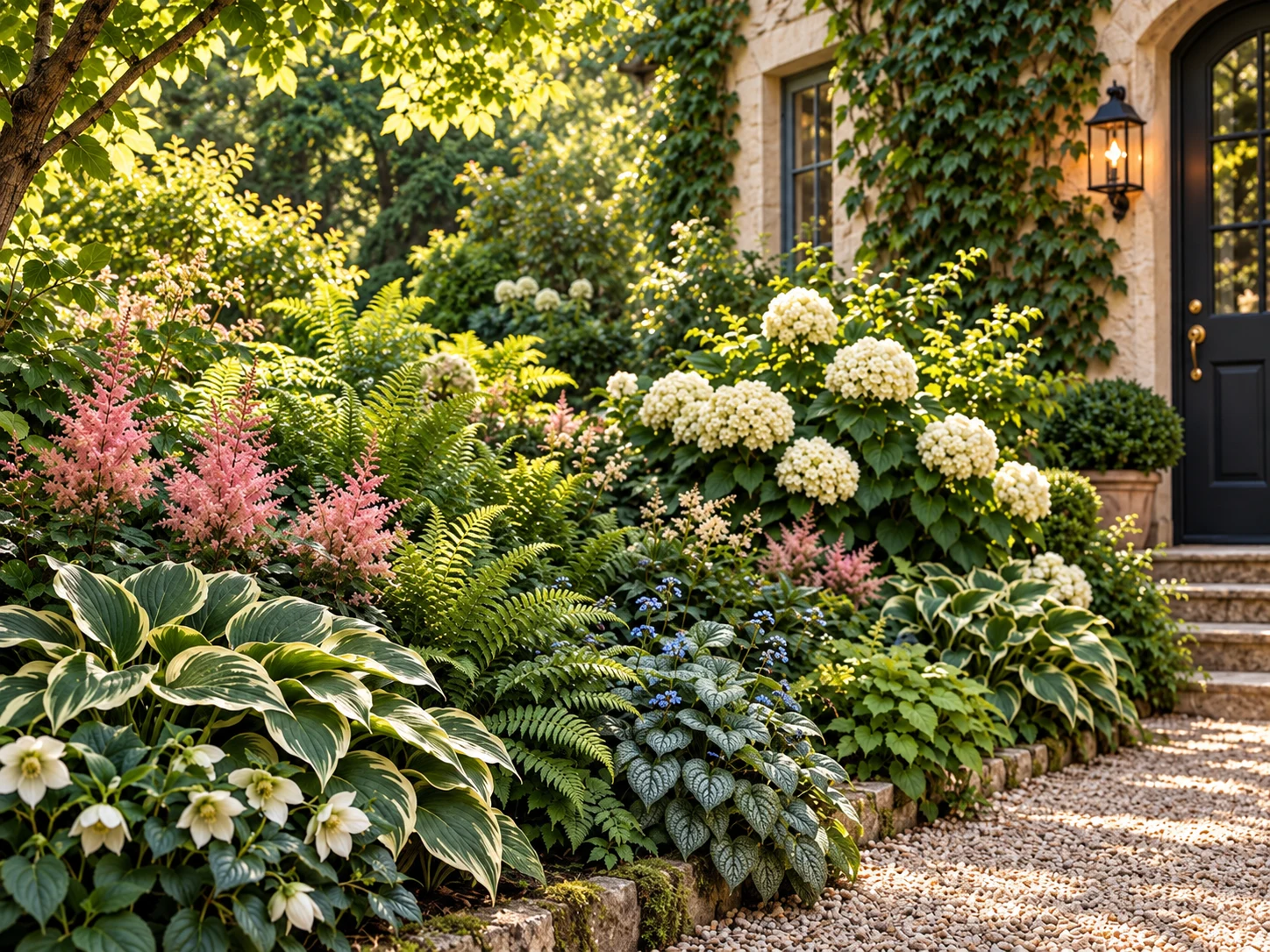 Layered shade border with hydrangeas, ferns and hostas beside a gravel path.