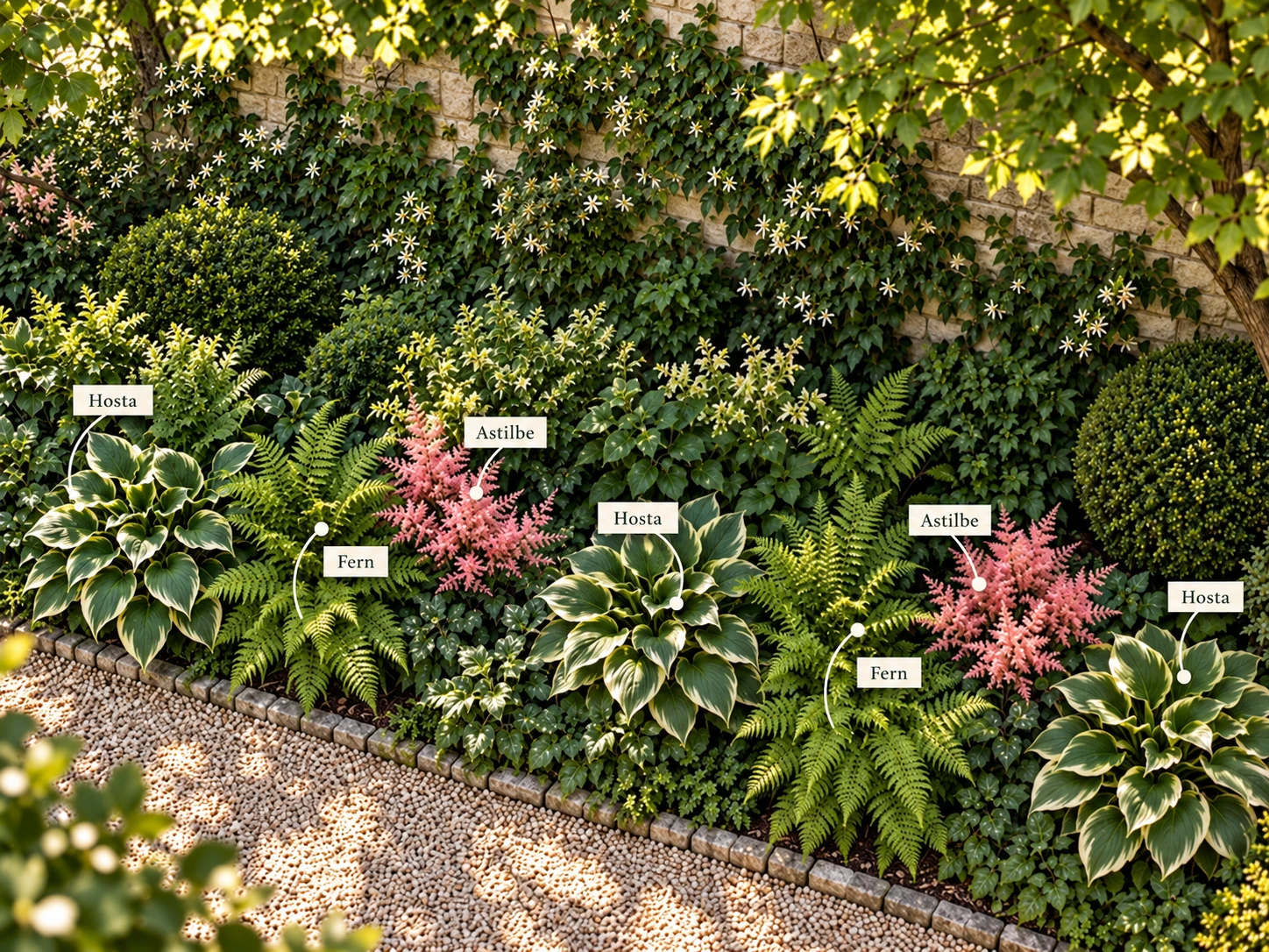 Repeated hostas, ferns and pink astilbe labelled along a shade border beside a limestone wall and gravel path.