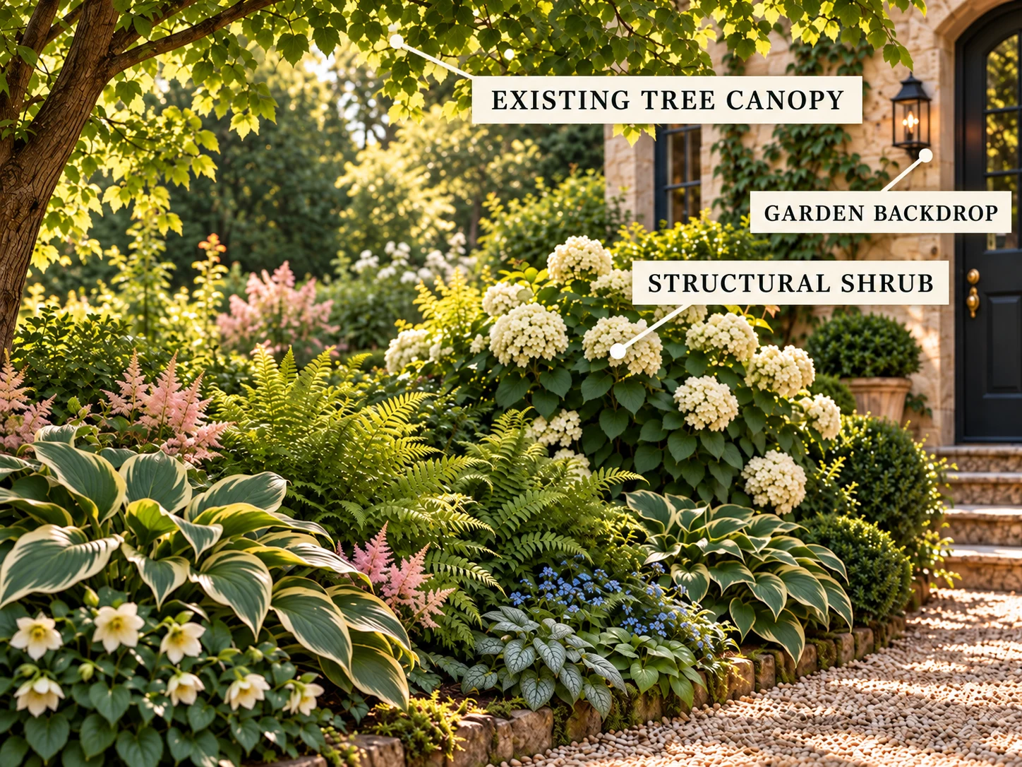 Shade garden with large labels and pointer lines identifying the existing tree canopy, structural hydrangea shrub and limestone garden backdrop.